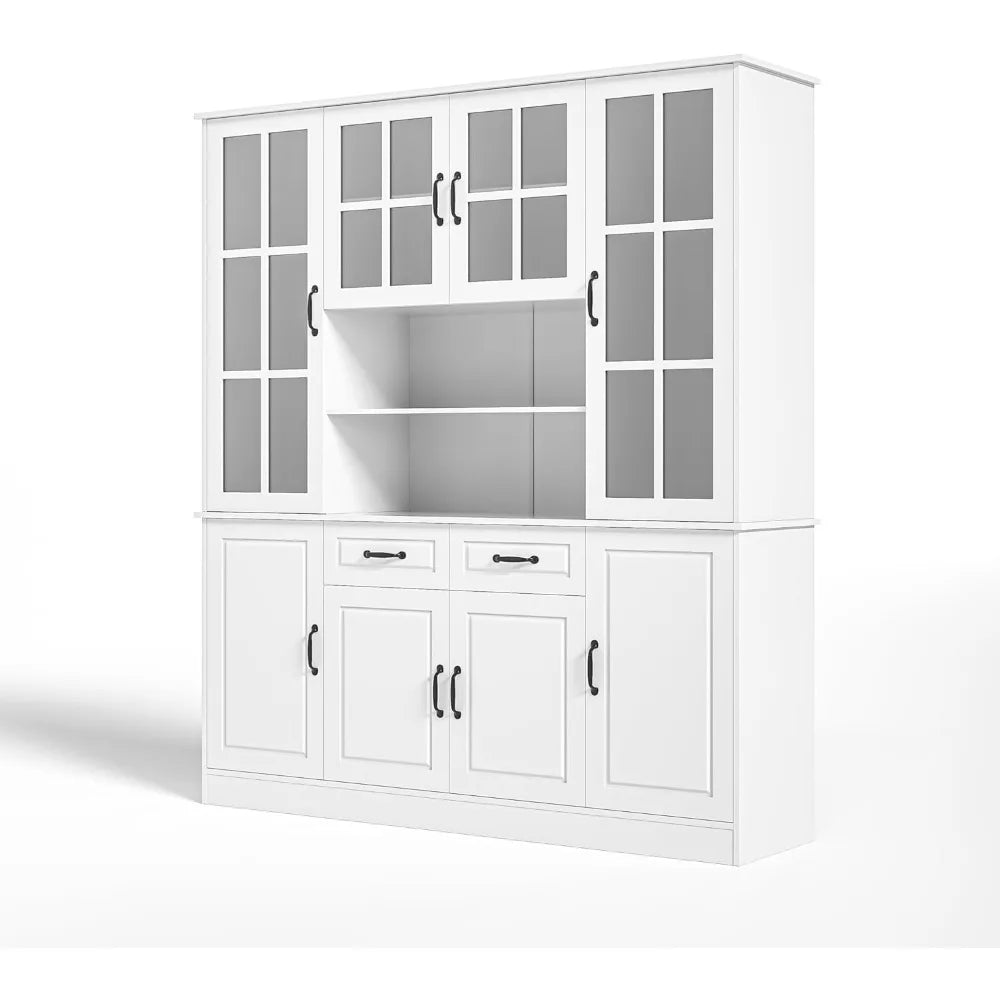 Kitchen Hutch Storage Cabinet with Glass Doors Large China Hutch with 2 Drawers and 5 Adjustable Shelves