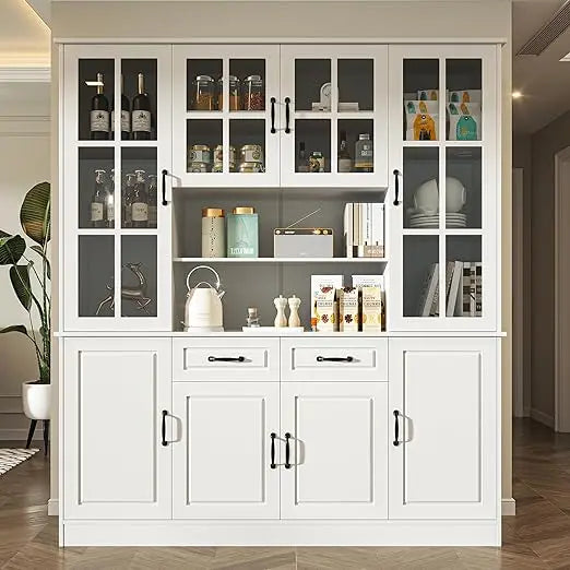 Kitchen Hutch Storage Cabinet with Glass Doors Large China Hutch with 2 Drawers and 5 Adjustable Shelves