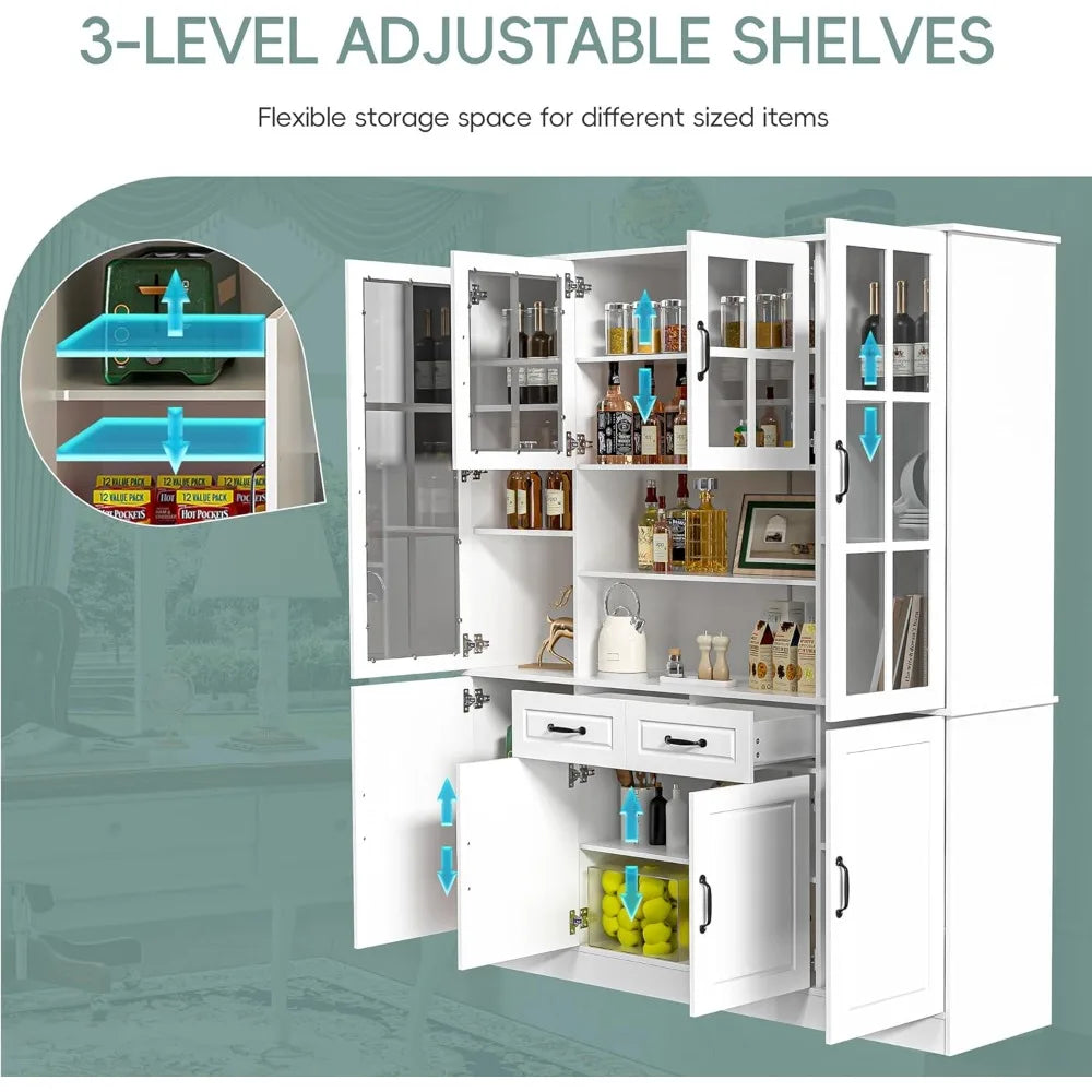 Kitchen Hutch Storage Cabinet with Glass Doors Large China Hutch with 2 Drawers and 5 Adjustable Shelves