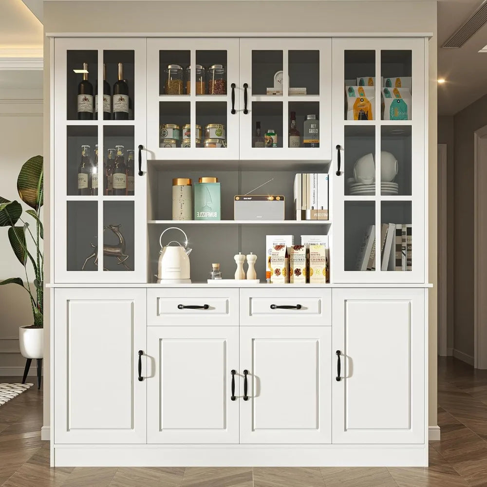 Kitchen Hutch Storage Cabinet with Glass Doors Large China Hutch with 2 Drawers and 5 Adjustable Shelves